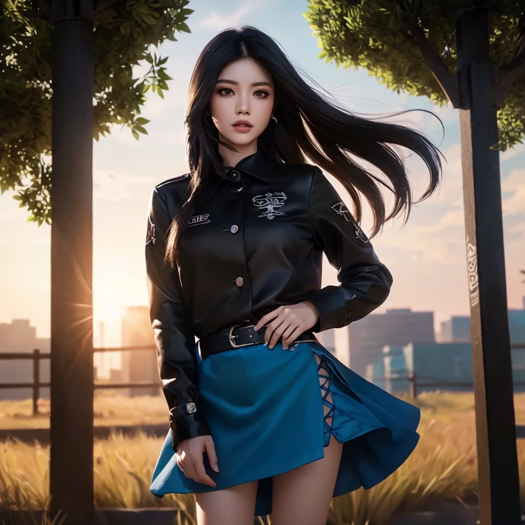 (วอลล์เปเปอร์ CG unity 8k ที่very detailed),(Masterpiece), (best quality), (very detailed), (best illustrations),(best shadow), cowboy shoot, (sharp eyeliner, eyelid, Detailed eyes:1.1), (city background:1.2), ,Take a break , Version 3 (Girls' frontline), , 3D,8k,