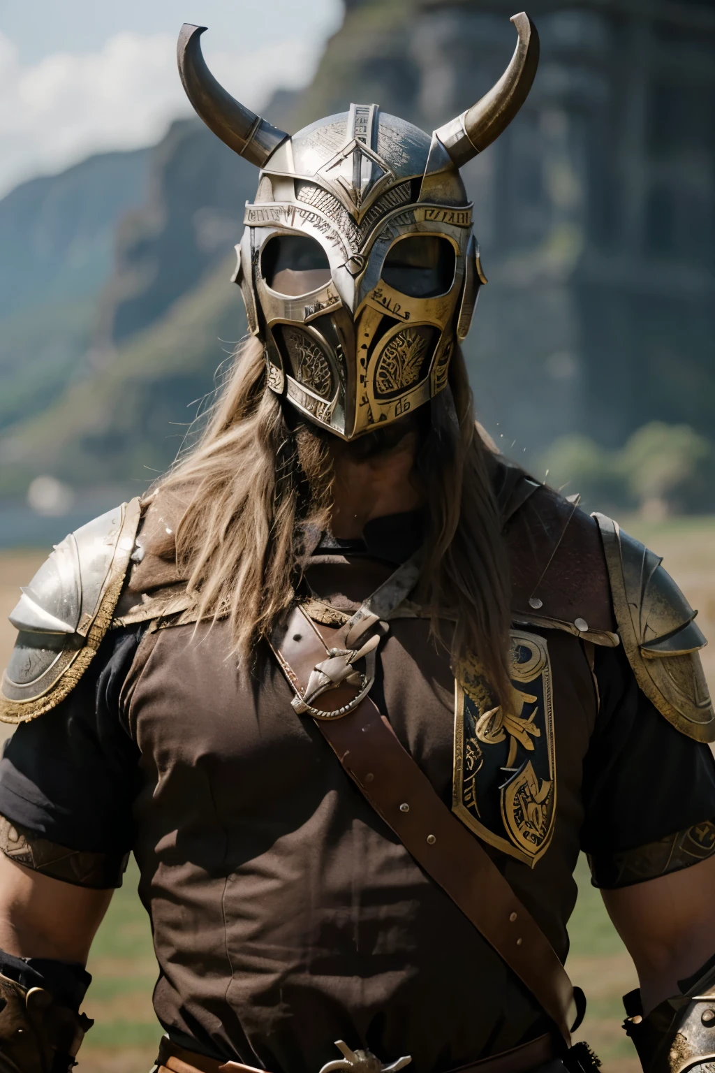 filhote de galinha no estilo viking, com armadura viking, capacete viking e um escudo viking