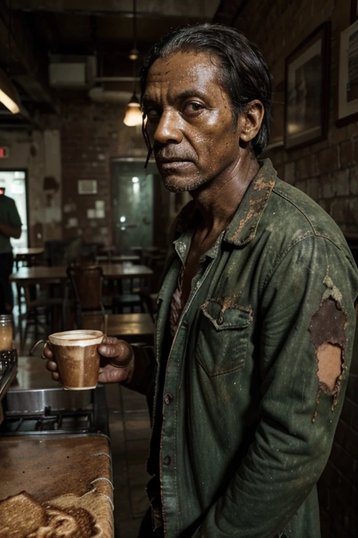 Zombie man middle-aged decay dark green skin tone dirty full body photo very worn clothes coffee mille crepes at cafe