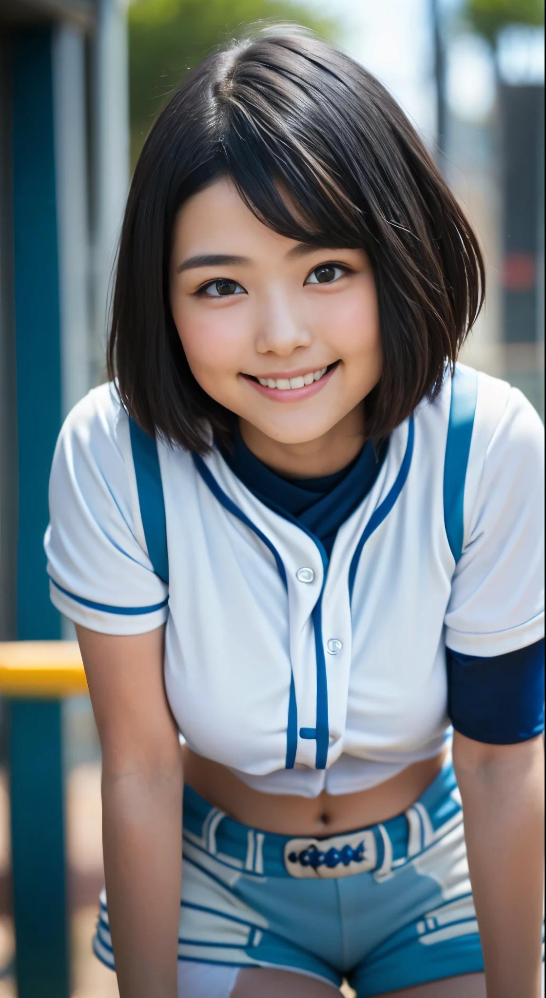 (8k、Raw photography、highest quality、masterpiece:1.2),(Black-haired、Very short hair:1.8),(ponytail:1.3)、View your viewers,Viewed from the front,White skin,(high school girl、Light blue baseball uniforms:1.7)、(Tight waist:1.6)、(Clothes that accentuate the shape of the breasts:1.0)、(Big Breasts :1.3)、Slim figure、Ultra-high resolution,beautiful,beautiful fece,(one person、No background:1.9),whole bodyボディー,Japanese women,(reality的:1.37)、Photon Mapping,reality、(-face cute: 1.4)、(Cute Smile: 1.8)、(Round face: 1.8)、Radio City、Physically Based Rendering、Depth of field rally background、photograph, (I can see your knees、Very short white shorts、Thigh close-up:1.8),(:1.4),whole body、Great quality