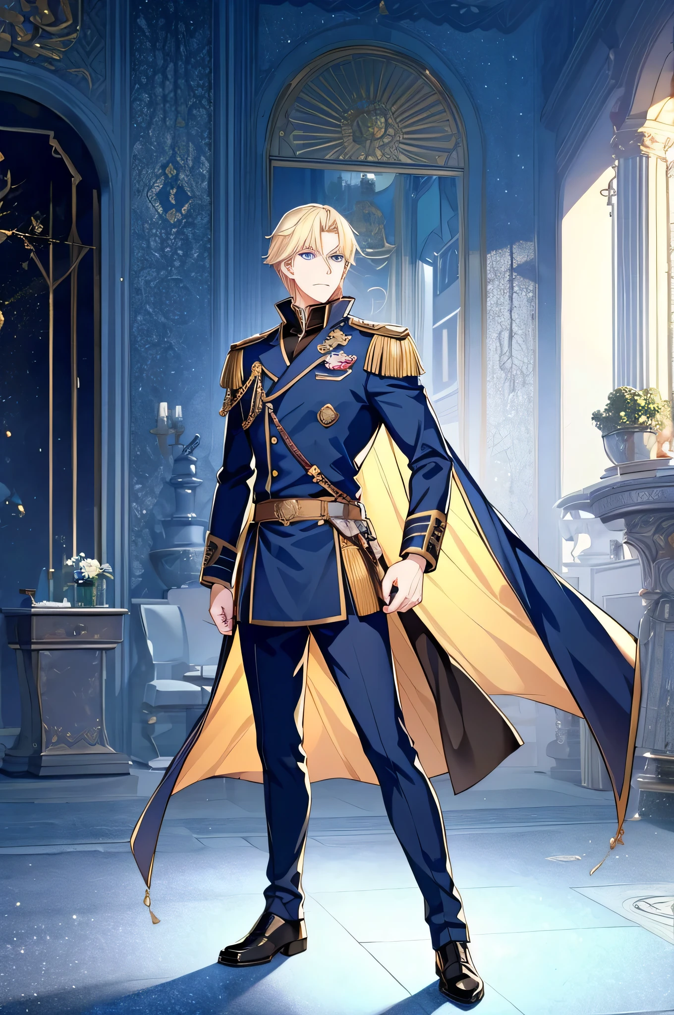 full body shot，Short blonde hair，handsome man，Mature and steady face，Blue eyes，military jacket，holy knight，firm eyes