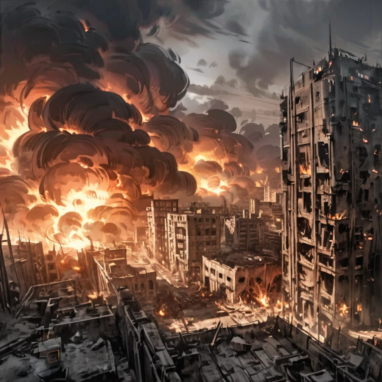 detailed ink illustration, middle eastern city on fire, black smoke, red and orange flames, explosions, dynamic scene, cinematic lighting, moody atmosphere, high contrast, dramatic composition, digital art, concept art, intricate details, vivid colors, photorealistic, (best quality,4k,8k,highres,masterpiece:1.2),ultra-detailed,(realistic,photorealistic,photo-realistic:1.37),dark fantasy,dramatic lighting,cinematic perspective,dystopian,war torn,apocalyptic,gritty realism,surreal,moody,somber,intense
