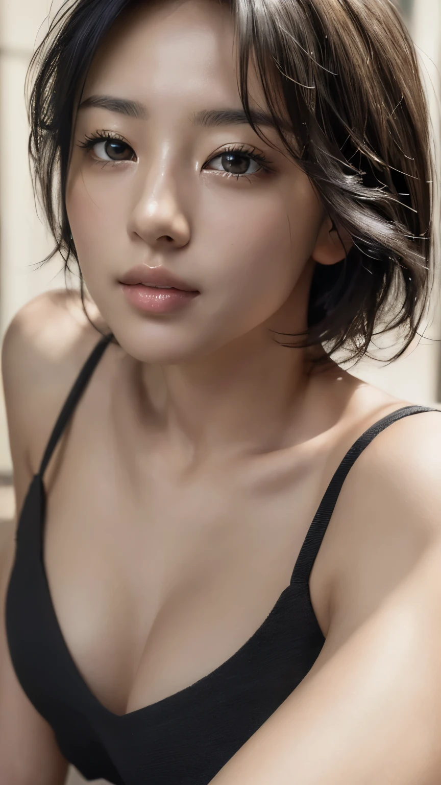 (masterpiece:1.3), (8k, Realistic, RAW Photos, highest quality: 1.4), (One girl), Beautiful Face, (Realistic Face), (Black Hair, short hair:1.3), Beautiful Hairstyles, Realistic eyes, Beautiful fine details, (Realistic Skin), Beautiful Skin, Absurd, Charm, Ultra-high resolution, Ultra-realistic, Very detailed, Golden Ratio, Beautiful breasts, spouse, Rough chest T-shirt, Eyes that invite the viewer, spouse's eyes, Charmな表情, Sexy smile, Perfect Style, Perfect balance, Detailed skin, Naughty Eyes, I can see your chest