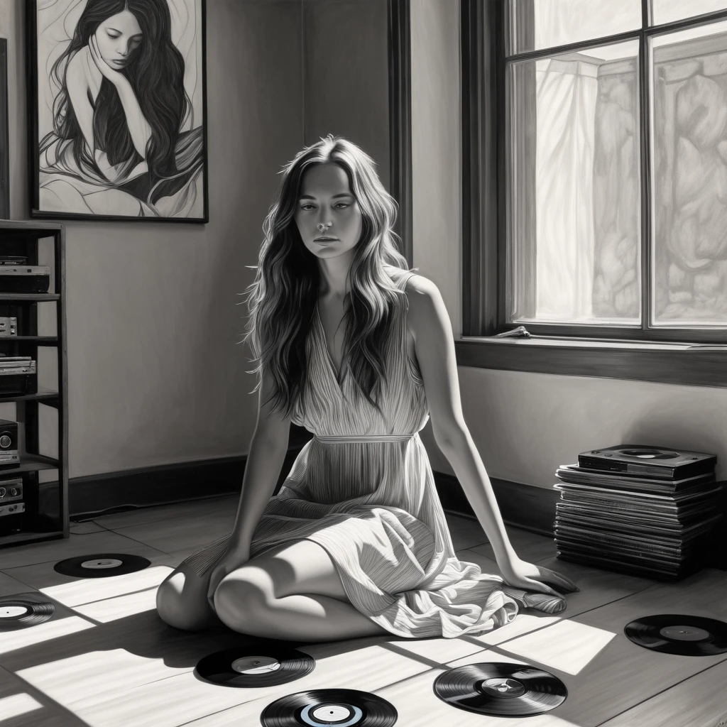 A detailed pencil and charcoal drawing of a melancholic young woman with long hair, sitting in a contemplative pose in an interior setting. She is wearing a simple, loose-fitting dress. She is surrounded by a few vinyl records on the floor, next to a large window that casts shadows into the dimly lit room. The artwork features a monochromatic palette with intricate shading and strong contrasts, evoking a sense of introspection and solitude."