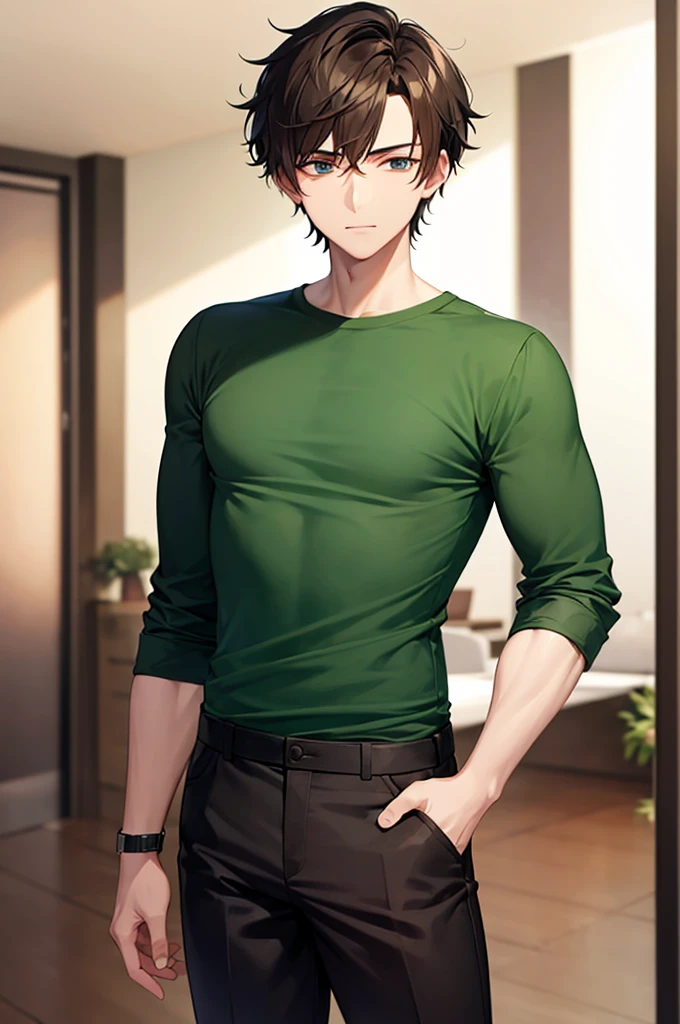 a 20 year old boy wearing an green top and black trousers and has short brown hair he his an pink potion on his hand