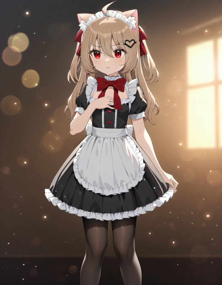 1girl, evil neuro-sama red eyes, light brown hair, ahoge, two side up, hair ribbon, dark red ribbon, heart hair ornament, maid, maid apron, maid headdress, frills, frilled dress, frilled choker, frilled apron, short sleeves, puffy short sleeves, puffy sleeves, red bow, black heart, thighhighs, no shoes, (masterpiece, best quality), highly detailed, finely detailed, blurry background, simple background, depth of field, backlight, light particles, bokeh, cat ears, standing, cleavage, hand on own chest, pout, blush, dress lift, underwear, upskirt, panties, pantyshot, legs apart,