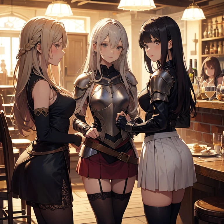A group of female medieval fantasy adventurers, (in tavern), various hair styles, harem, night, details face, short skirt, seducing, sleeveless, armor