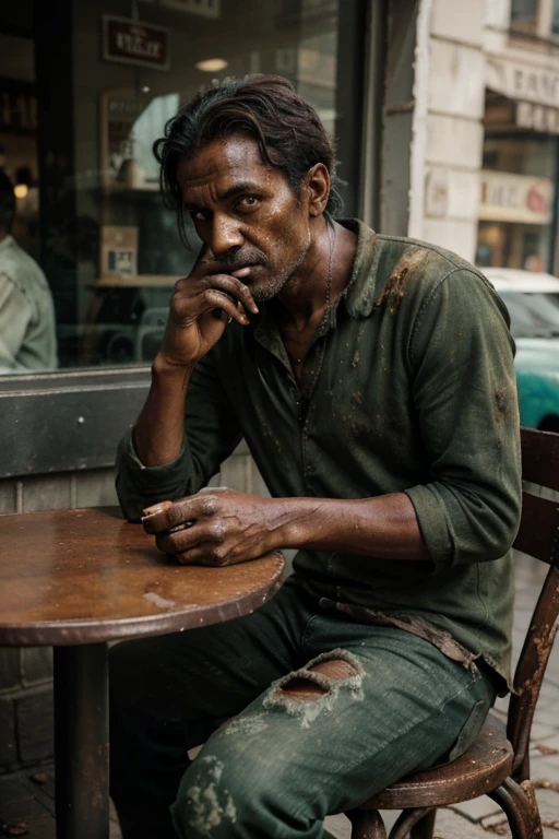 Zombie man middle-aged decay dark green skin tone dirty full body photo very worn clothes coffee mille crepes sitting at a cafe table