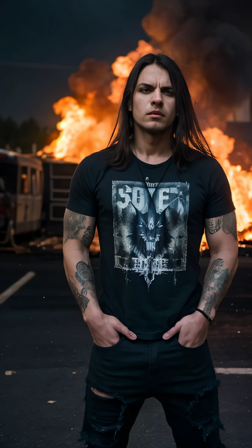 Best Quality,Masterpiece,Ultra High Resolution,(Realisticity:1.4),Original Photo,Cinematic Lighting, 1man, solo, Metalhead Style strong man in front of a christian church on fire at night, Full t-shirt, tattooed, wearing ripped black pants, black t-shirt, fit body, heavy metal style, photography, wojtek fus, heavy metal art style, angry , heavy metal concert. realistic, datailed, detailed face, 4K.