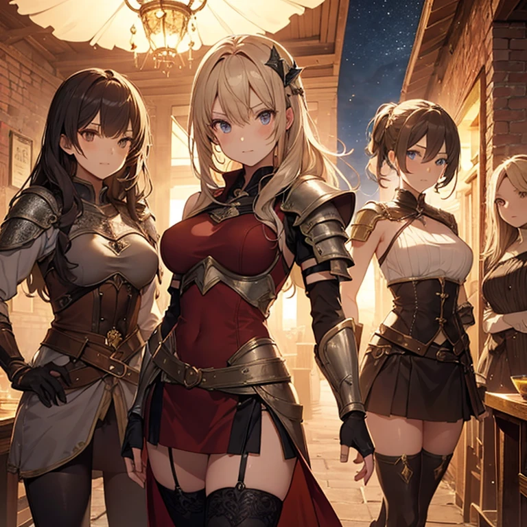 A group of  female medieval fantasy adventurers, (in tavern), various hair styles, harem, night, details face, short skirt, seducing, sleeveless, armor 