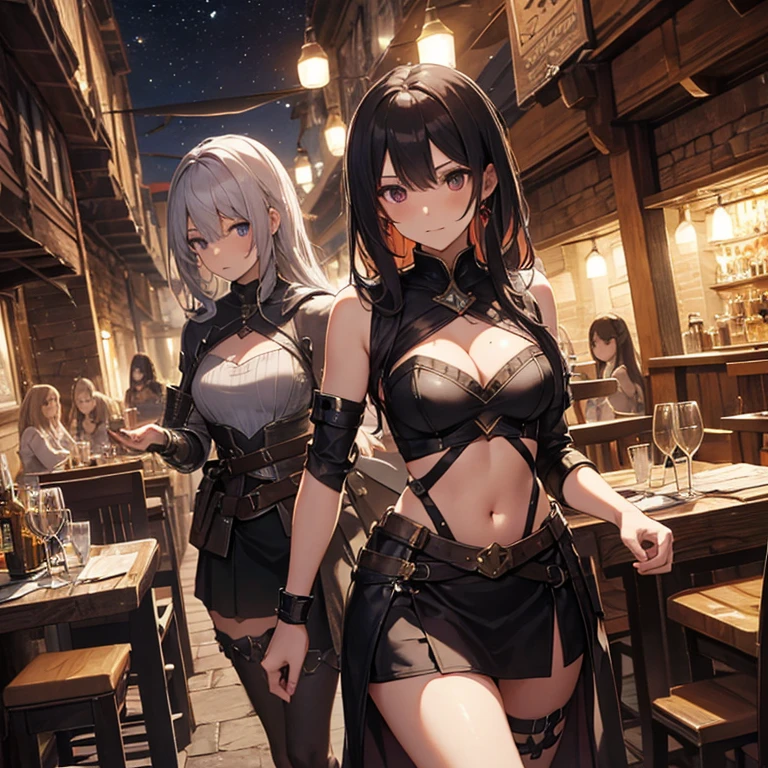 A group of female medieval fantasy adventurers, (in tavern), various hair styles, harem, night, details face, short skirt, seducing, sleeveless, armor
