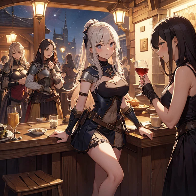 A group of female medieval fantasy adventurers, (in tavern), various hair styles, harem, night, details face, short skirt, seducing, sleeveless, armor