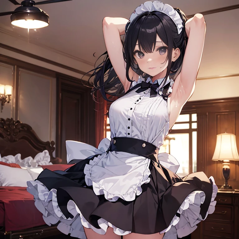 A maid, (in bedroom), various hair styles, harem, night, details face, short skirt, seducing, sleeveless, sweaty armpits