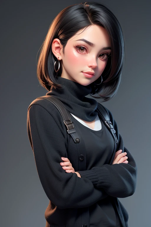 Best quality, ..3d rendering work, ..3DMM style, Close-up, Portrait, ....。.3D, 1girll, only, Black hair, Teardrop-shaped earrings, looking at the camera in, Front, Realistic, Upper body , posing on a, Simple background, looks away, straight short black hair, parted lip, juicy lips,molar right side , Makeup , squishy, black cardigan, Brown eyes, Tifa Lockhart, (Small breasts: 1.1) Reference: https://image9.cdn.Sea Art.。.ai/2023-08-04/52449297297477/C9E0706CFFA353936C45F41FEF45E6C4F2A12E7C..png