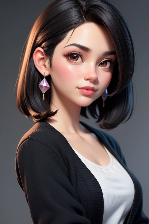Best quality, ..3d rendering work, ..3DMM style, Close-up, Portrait, ....。.3D, 1girll, only, Black hair, Teardrop-shaped earrings, looking at the camera in, Front, Realistic, Upper body , posing on a, Simple background, looks away,  straight short black hair, parted lip, juicy lips,molar right side , Makeup , squishy, black cardigan, Brown eyes, Tifa Lockhart, (Small breasts: 1.1) Reference: https://image9.cdn.Sea Art.。.ai/2023-08-04/52449297297477/C9E0706CFFA353936C45F41FEF45E6C4F2A12E7C..png