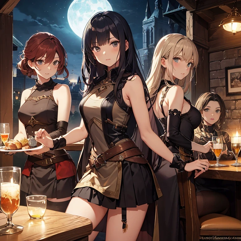 A group of  female medieval fantasy adventurers, (in tavern), various hair styles, harem, night, details face, short skirt, seducing, sleeveless, armor 