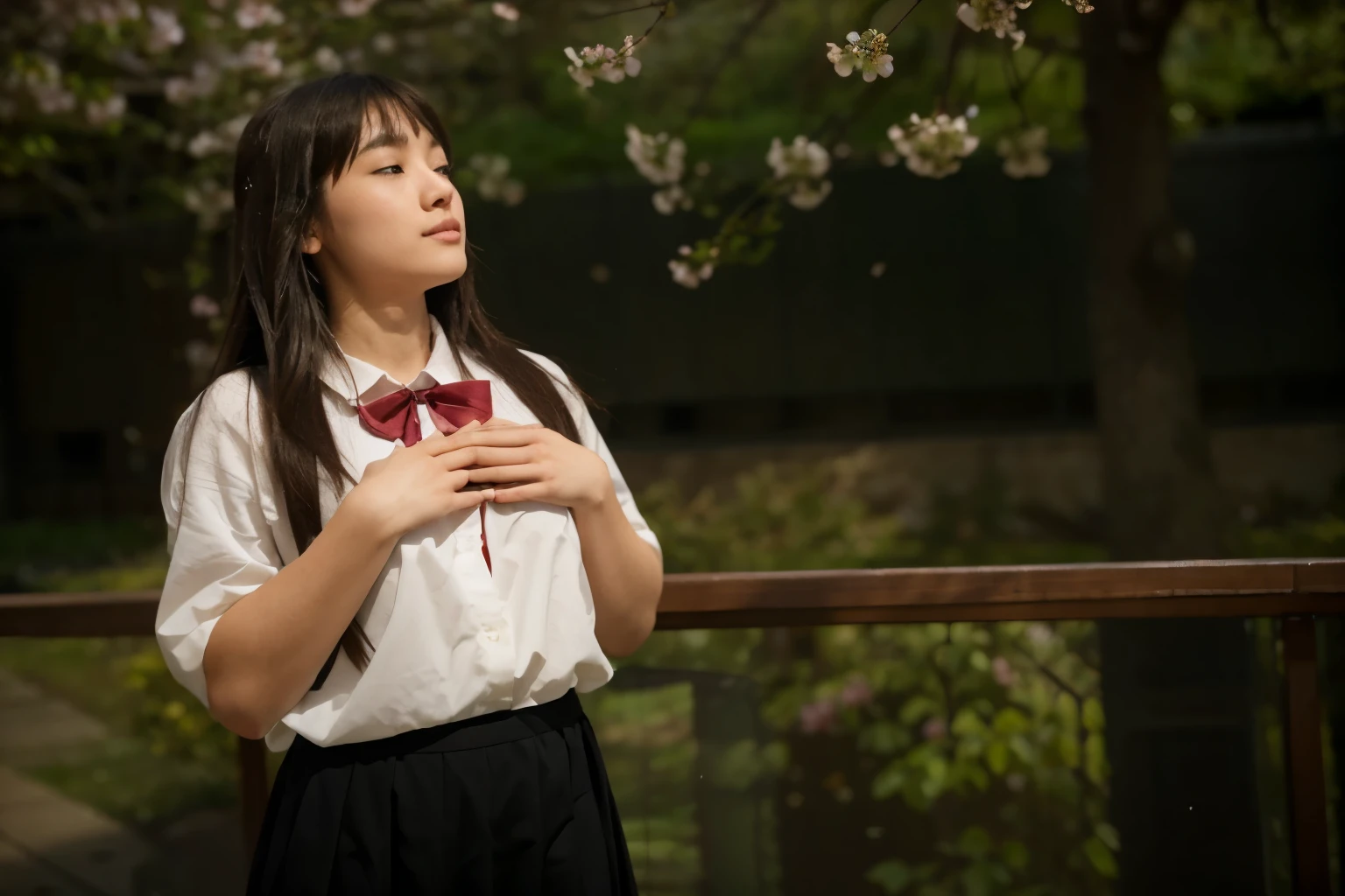 (Best quality, 8k, 32k, Masterpiece, UHD:1.2) "Imagine a picturesque Japanese high school setting inspired by romantic anime. Describe a sprawling campus nestled amid cherry blossom trees, their pink petals gently falling and carpeting the ground in a soft, pastel blanket. The school buildings are a blend of traditional and modern architecture, with large windows that allow natural light to flood the hallways and classrooms.
The central building is a multi-story structure with a grand entrance, featuring polished wooden floors and well-maintained hallways adorned with student artwork and motivational posters. Classrooms are bright and airy, with sliding doors that open to scenic views of the blossoming trees and the meticulously kept school gardens.
The school courtyard is a favorite gathering spot for students, with benches placed under the cherry blossoms, providing a perfect setting for heartfelt conversations and budding romances. Nearby, a koi pond adds to the serene atmosphere, its clear waters reflecting the beauty of the surrounding flora.
Describe the interactions between students, highlighting moments of shy glances, secret notes, and accidental touches that spark romantic feelings. The rooftop of the school is another iconic location, offering breathtaking views of the city and the distant mountains. It’s a private retreat where students often go to reflect, share confessions, and watch the sunset together.
Include scenes in the school’s library, a quiet and intimate space filled with rows of books and cozy reading nooks. Here, students find solace in the written word and often discover unexpected connections with their peers over shared interests.