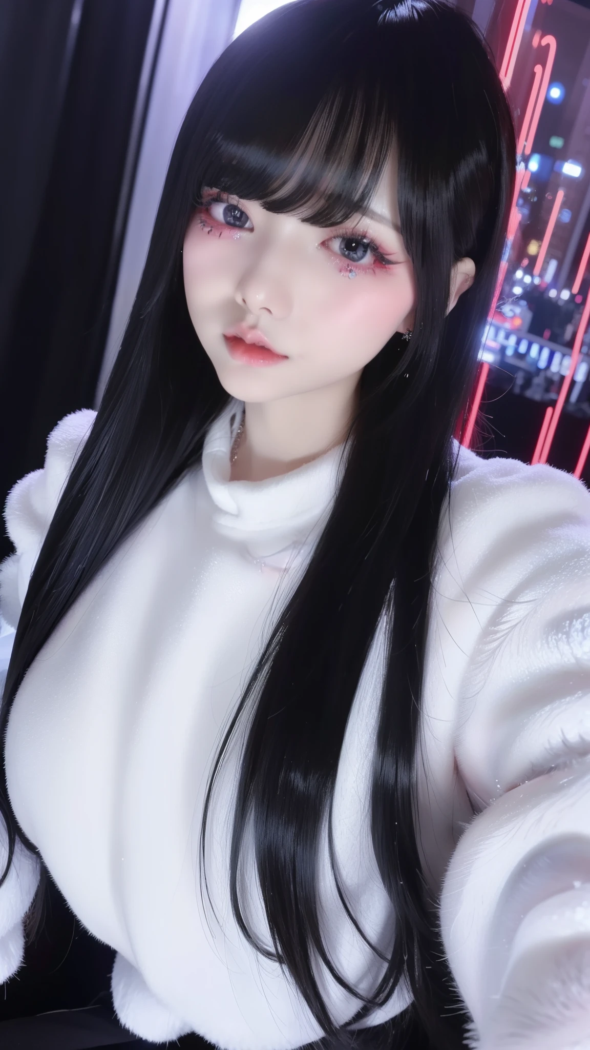 (masterpiece、highest quality、8k、32k、masterpiece、Viewing permitted:1.2)、One Girl、Long Hair Girl、Beautiful Japanese Women、Black-haired、Heavy bangs、Hair length、Fluffy white sweater、Accentuate your breasts、(Super big boobs), (jirai make, Jirai Girl,  Red glitter eye make)、City of night、(night life:1.6)