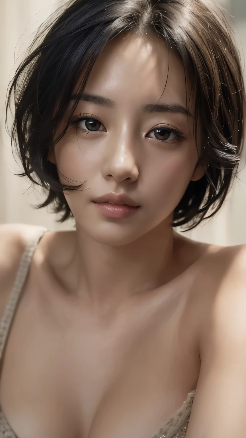 Best quality, masterpiece, ultra high res, (photorealistic:1.5), raw photo, 1girl, offshoulder, in the dark, deep shadow, low key, cold light, sexy look, short hair