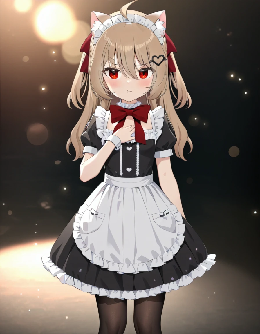 1girl, evil neuro-sama red eyes, light brown hair, ahoge, two side up, hair ribbon, dark red ribbon, heart hair ornament, maid, maid apron, maid headdress, frilled dress, frilled choker, frilled apron, short sleeves, puffy short sleeves, puffy sleeves, red bow, black heart, pantyhose, no shoes, (masterpiece, best quality), highly detailed, finely detailed, blurry background, simple background, depth of field, backlight, light particles, bokeh, cat ears, standing, cleavage, hand on own chest, pout, blush,