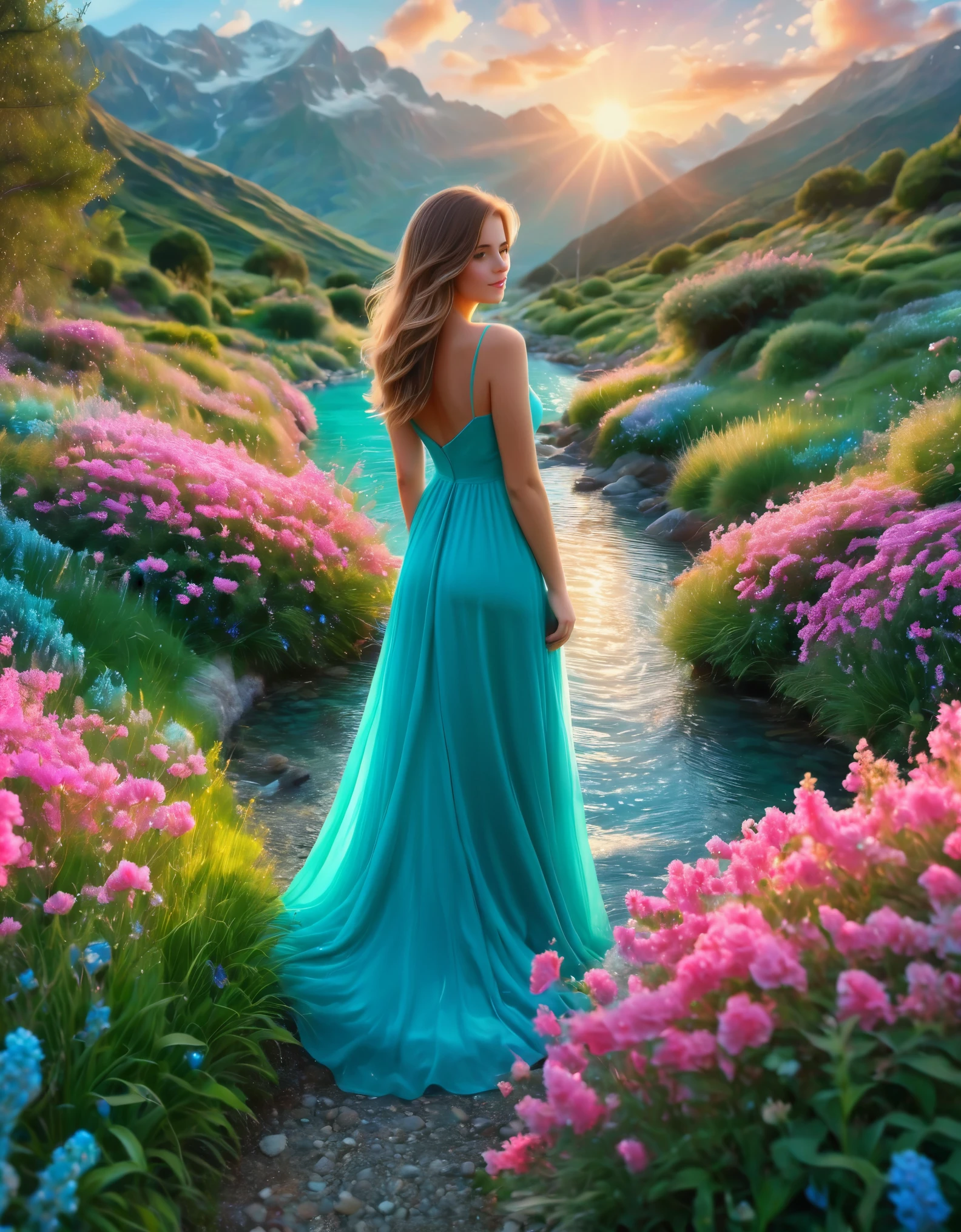 Create an image of a beautiful woman standing in an enchanted garden at sunrise. The woman is wearing a flowing turquoise dress that billows around her as she stands with her back to the viewer. She is surrounded by a sea of vibrant, pink flowers that line a narrow stream running through the scene. The lush green grass on the left contrasts with the vivid pinks of the flowers. The landscape extends to serene turquoise waters in the distance, bordered by majestic mountains. The sky above is a brilliant blue with a few fluffy clouds, and the sun is just rising, casting a warm, golden light over the entire scene. The overall mood is magical and serene, evoking a sense of wonder and tranquility.