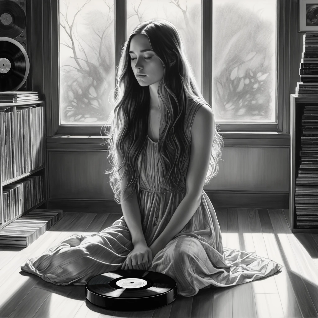 A detailed pencil and charcoal drawing of a melancholic young woman with long hair, sitting in a contemplative pose in an interior setting. She is wearing a simple, loose-fitting dress. She is surrounded by a few vinyl records on the floor, next to a large window that casts shadows into the dimly lit room. The artwork features a monochromatic palette with intricate shading and strong contrasts, evoking a sense of introspection and solitude."