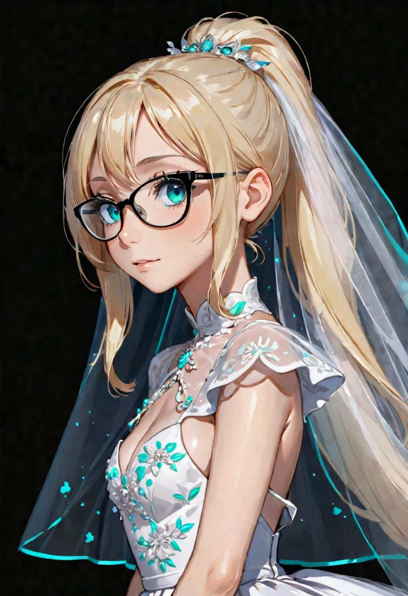 Anime girl, portrait style, black background, long light blonde ponytail, bright turquoise eyes,black glasses, wedding dress, wedding veil, beautiful wedding outfit