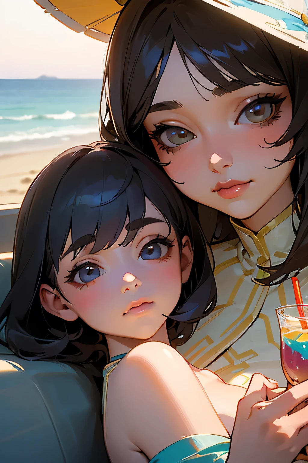 highest quality、High resolution、Detailed Background、(Beautiful face in every detail:1.4)、Anatomically correct、(Hide your fingers:1.3)、(Detailed facial expressions)、(Detailed eyes:1.2)、(Detailed eyes:1.2)、Beautiful women in their 20s、(Highly detailed face:1.4)、Black Hair、Brown Hair、well-groomed eyebrows、(Huge breasts:1.2)、Bobcut、Long Hair、Hairstyles that add waves and curls、Cute hairstyle、Cute Eye Makeup、Cute Lip Makeup、Perfect body line、
(Two beautiful women spending time in an elegant and extraordinary space:1.5)、
Wide々Sitting on the private terrace of the villa、Spend some time relaxing、With a cool drink in hand、The way she relaxes elegantly is wonderful.、While looking at the beautiful scenery、Enjoy a conversation with your partner、
Walking along the private beach、Enjoy the view illuminated by the setting sun、Walking along the beach, holding hands、Spend time alone with your partner、Enjoy a cocktail at the beachside bar、watch the sunset、
Overlooking the blue ocean of Miyako、Resort with private beach、The rooms have wide ocean views.々Villa type、Spa and Fitness、Fully equipped with various water activities、High-class service and delicious food are a big hit、
A summer dress with an off-the-shoulder design gives a cool feeling、
Elegant materials such as silk and chiffon create a luxurious feel.、
The medium length and A-line silhouette are cute and mature.