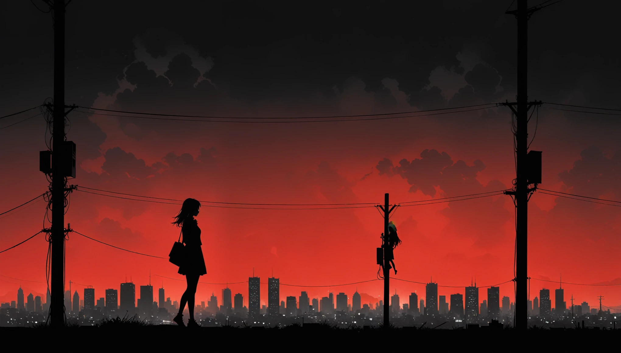(in style of Ashley Wood:1.3),(in style of Takeshi Obata:0.9),
black and white urban skyline background,protruding utility poles,(a red silhouette of a young girl:1.6),minimalist silhouette,red silhouette,black and white background,wide_shot,silhouette of a teenage girl on a telephone pole,