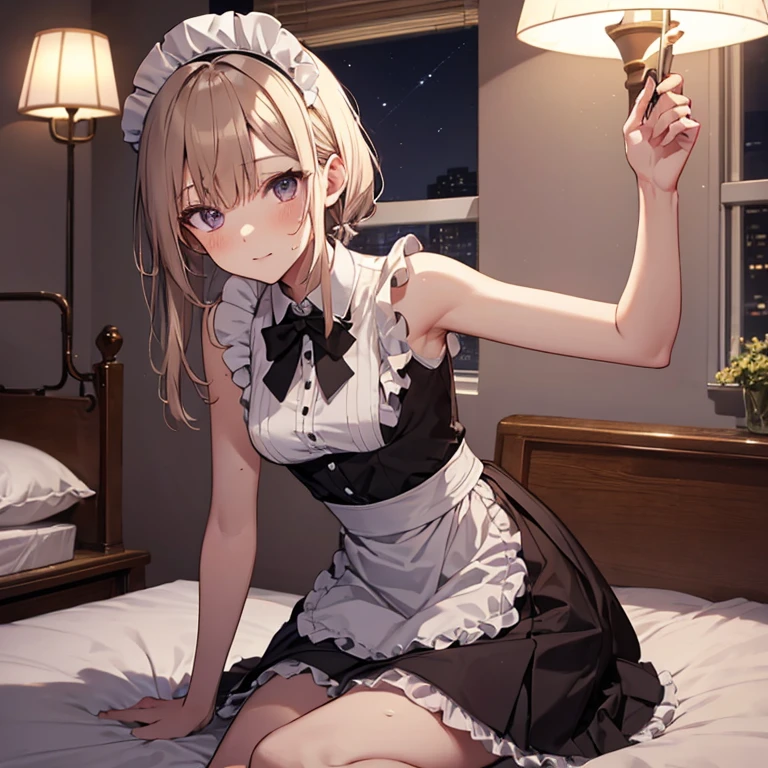A maid, (in bedroom), various hair styles, harem, night, details face, short skirt, seducing, sleeveless, sweaty armpits