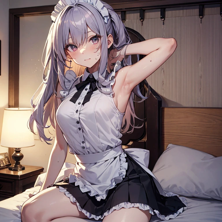 A  maid, (in bedroom), various hair styles, harem, night, details face, short skirt, seducing, sleeveless, sweaty armpits 