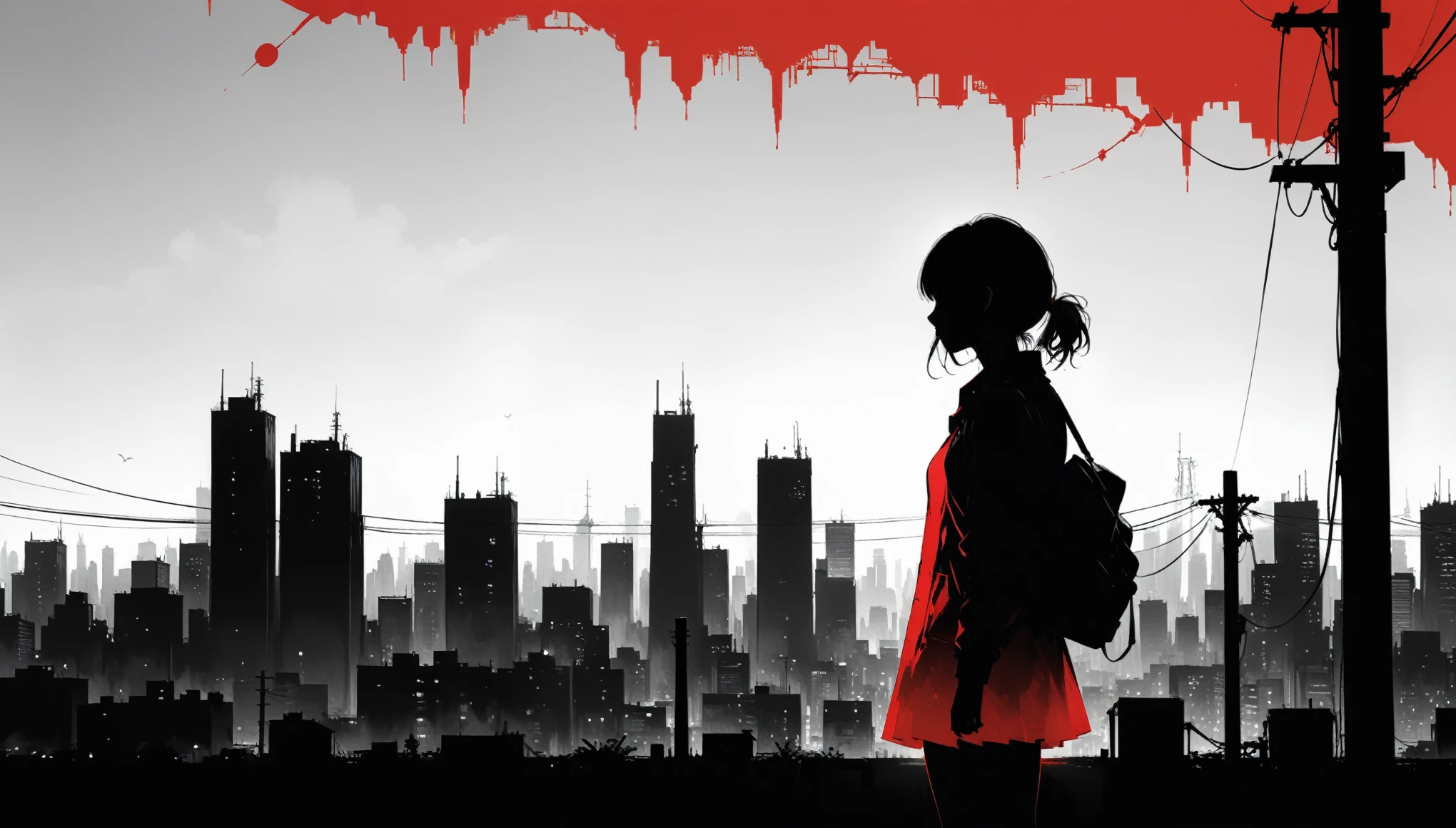 (in style of Ashley Wood:1.3),(in style of Takeshi Obata:0.9),
black and white urban skyline background,protruding utility poles,(a red silhouette of a young girl:1.6),minimalist silhouette,red silhouette,black and white background,wide_shot,silhouette of a age girl on a telephone pole,