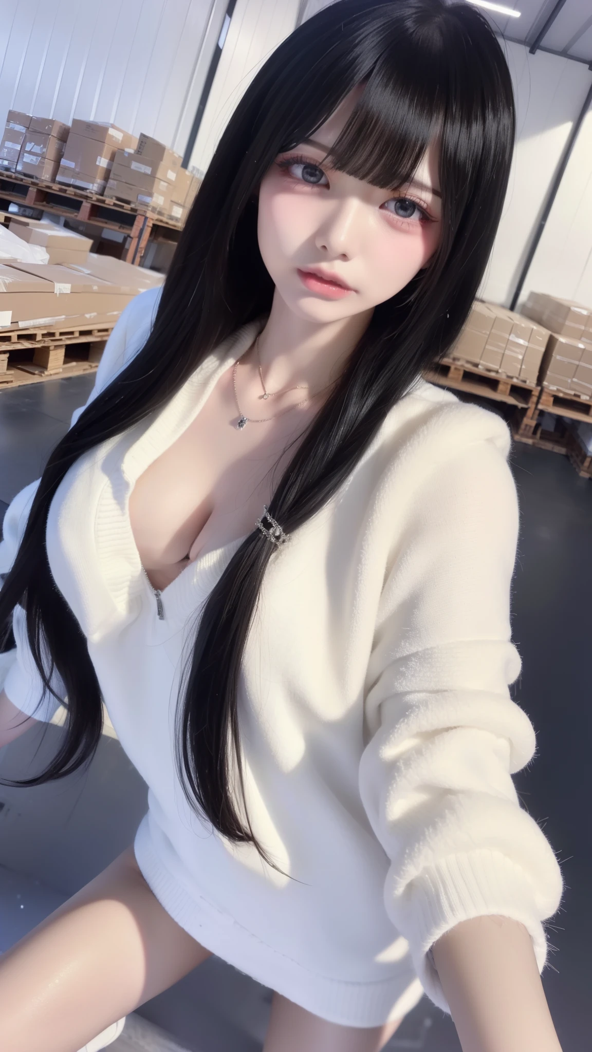 (masterpiece、highest quality、8k、32k、masterpiece、Viewing permitted:1.2)、One Girl、Long Hair Girl、Beautiful Japanese Women、Black-haired、Heavy bangs、Hair length、Fluffy white sweater、Accentuate your breasts、(Super big boobs), (jirai make, Jirai Girl, Red glitter eye make)、field、(night:1.8, dim:1.8, Inside the warehouse:1.5)