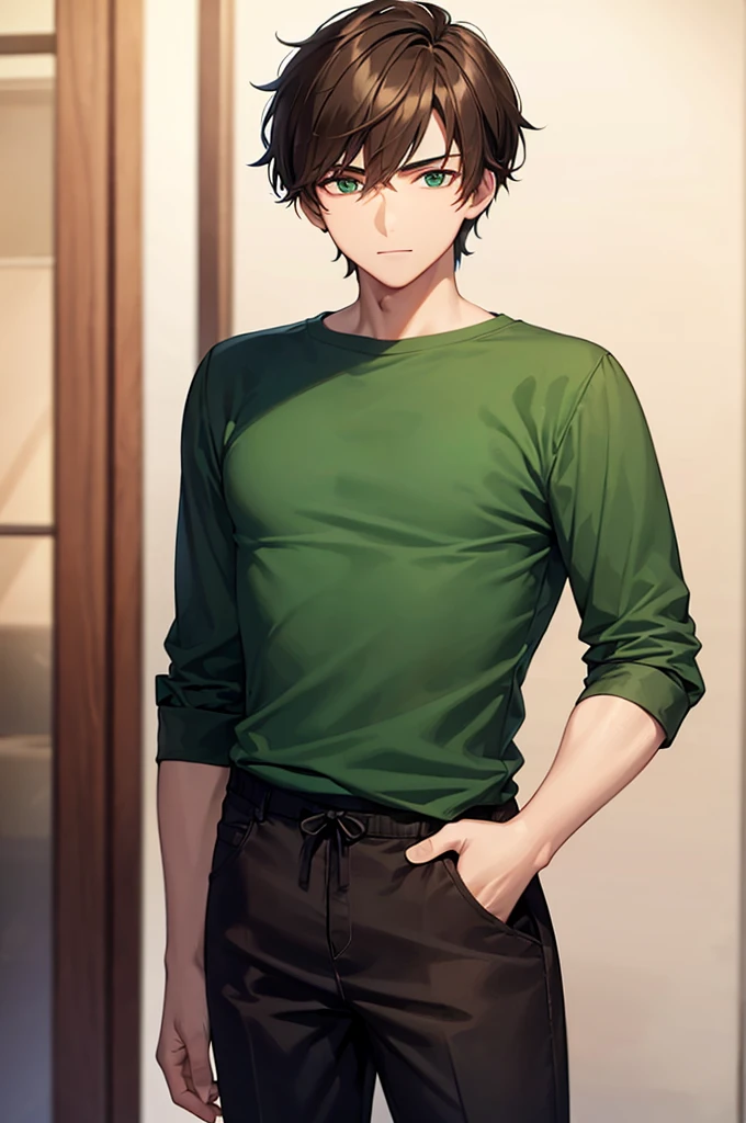 a 20 year old boy wearing an green top and black trousers and has long brown hair he is outside