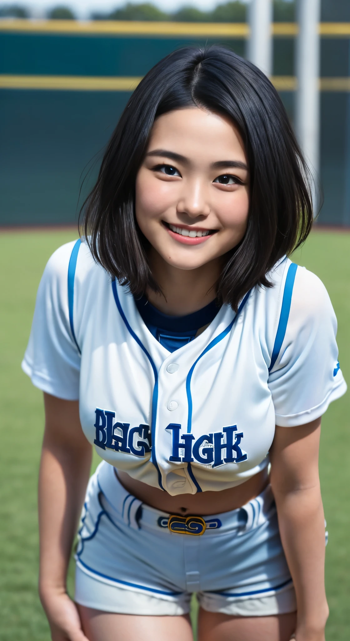 (8k、Raw photography、highest quality、masterpiece:1.2),(Black-haired、Very short hair:1.8),(ponytail:1.3)、View your viewers,Viewed from the front,White skin,(high school girl、Light blue baseball uniforms:1.7)、(Tight waist:1.6)、(Clothes that accentuate the shape of the breasts:1.0)、(Big Breasts :1.3)、Slim figure、Ultra-high resolution,beautiful,beautiful fece,(one person、No background:1.9),whole bodyボディー,Japanese women,(reality的:1.37)、Photon Mapping,reality、(Baby-faced and cute: 1.4)、(Cute Smile: 1.8)、(Round face: 1.8)、Radio City、Physically Based Rendering、Depth of field rally background、photograph, (I can see your knees、Very short white shorts、Thigh close-up:1.8),(:1.4),whole body、Great quality