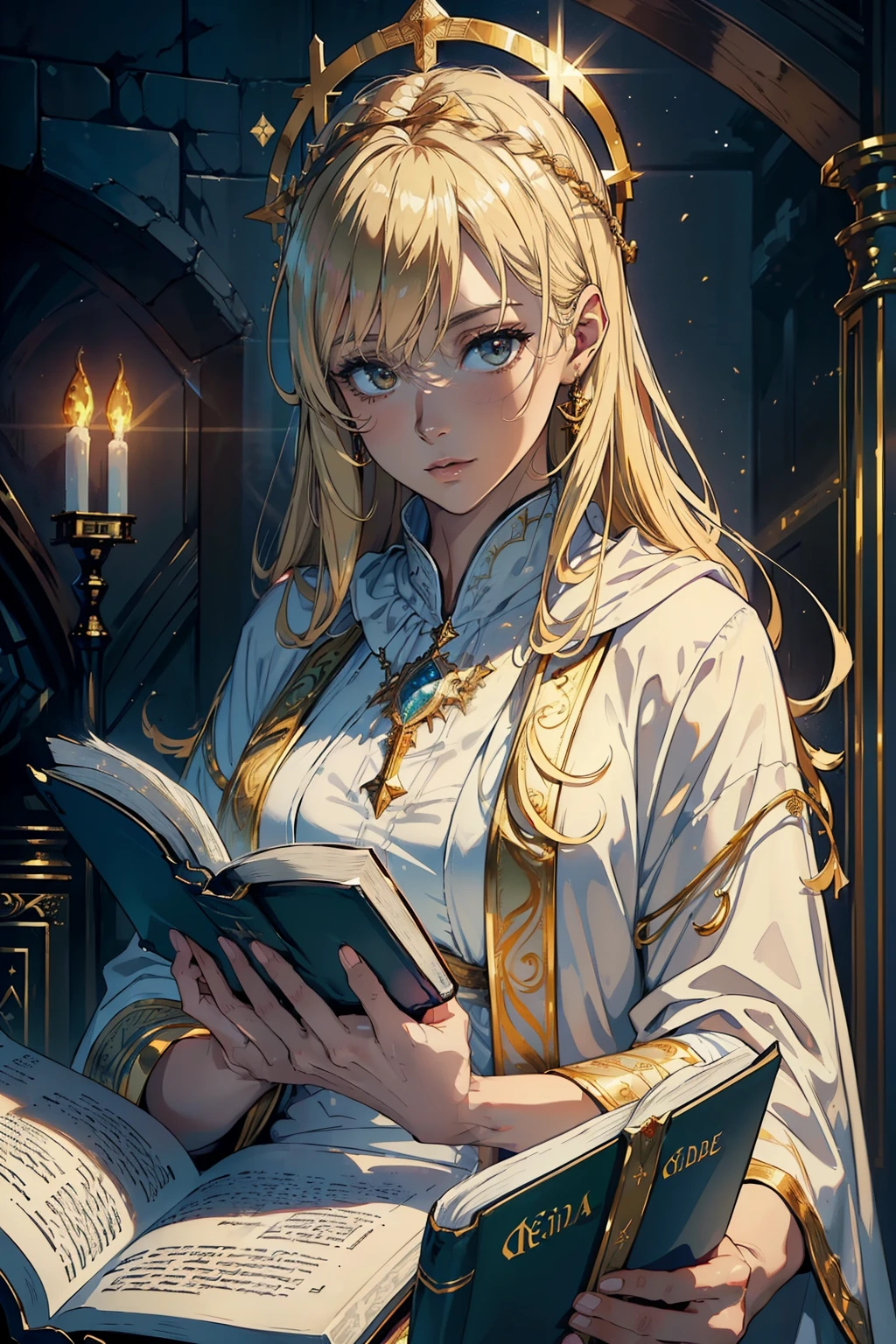 (Masterpiece, Best Quality, Photorealistic), (Shimmering skin, Godly aura), (1 woman, biblical, reader:1.0), (High resolution, Ultra HD, 4K Wallpaper), Perfect Anatomy, Divine lighting, Celestial rendering, Wisdom-personified, Holy text, Aged, Wrinkled but radiant, (Reading a Bible:1.5), (Female adult, middle-aged, blonde, long hair), (God watching:1.5), (Observer, heavenly, father:1.5), (Bearded, white robe, golden aura, majestic), Biblical setting, (O