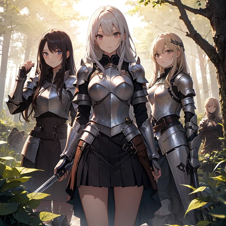 A group of  female knight, (in forest), various hair styles, harem, wearing armored clothes, metal armor, night, details face, , short skirt, seducing, sword 