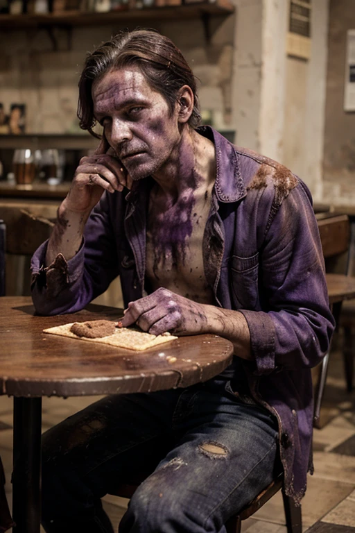 Zombie man middle-aged decay purple skin dirty full body photo very worn clothes coffee mille crepes sitting at a cafe table