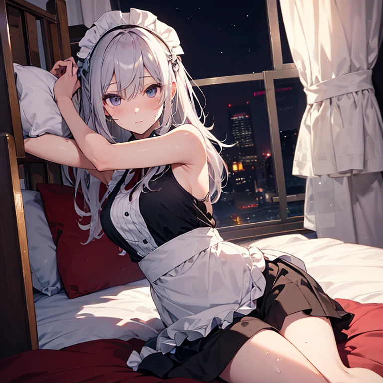 A maid, (in bedroom), various hair styles, harem, night, details face, short skirt, seducing, sleeveless, sweaty armpits