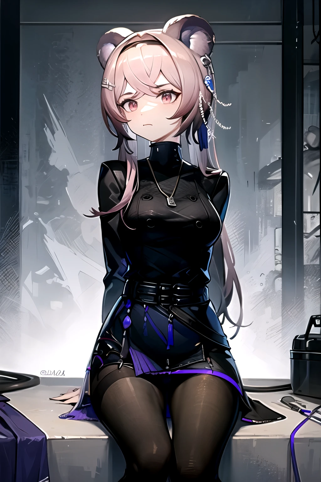 highest quality, masterpiece, High resolution, one person in, {Rin_Arknights:0.90}, 1 girl, black_dress, length_sleeve, looking for_in_Audience, cowboy_shot, Closed_mouth, ((hands tied behind)), ((arms behind back)), wide_sleeve, black_pantyhose, formal_alternine_Costumes, underground, Concrete floor, Concrete wall, underground room, Make a frown, sitting on the knees, Cieza, Thighs together, black tights, Closed legs,