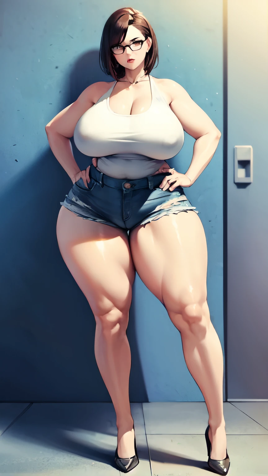 Huge breasts, Big Hips, Tank top, Denim shorts, Full Body Shot, Mature mother, Whipping the lower body, Plump thighs, Calf, Seductive, Perfect body, Plus Size Model,