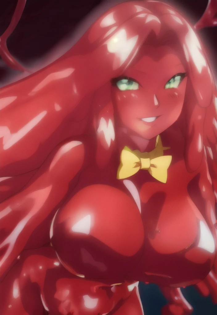 high quality, Very detailed, Perfect Face, Red Slime Body, Green Eyes, Yellow bow tie, Melting thighs, wrist, ((Dissolves hair, Jamanen)) ,Big Breasts,Long Hair,Shaking body,Shiny body,Muddy background