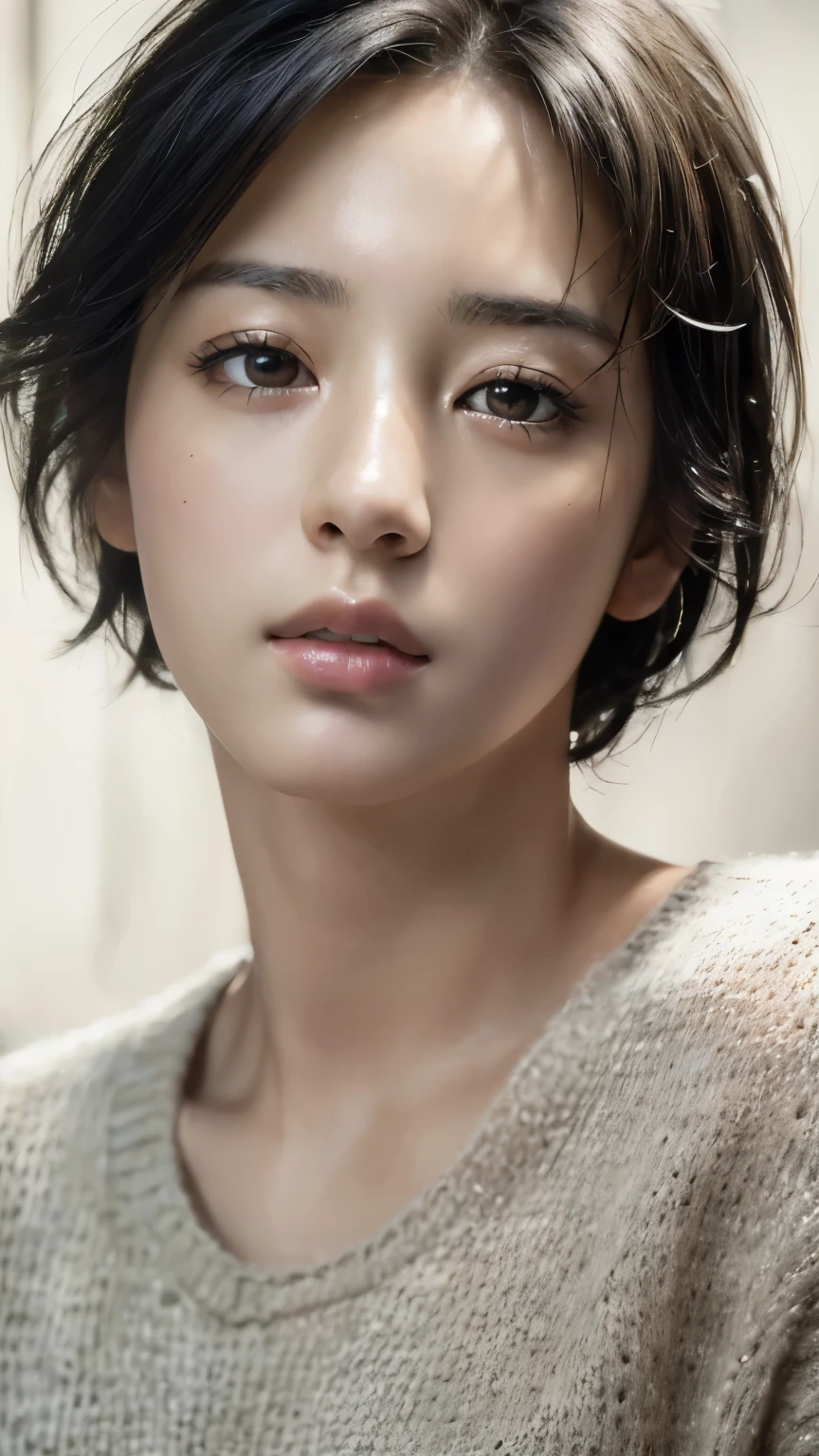A close up of a woman with a sweater on posing for a picture - SeaArt AI