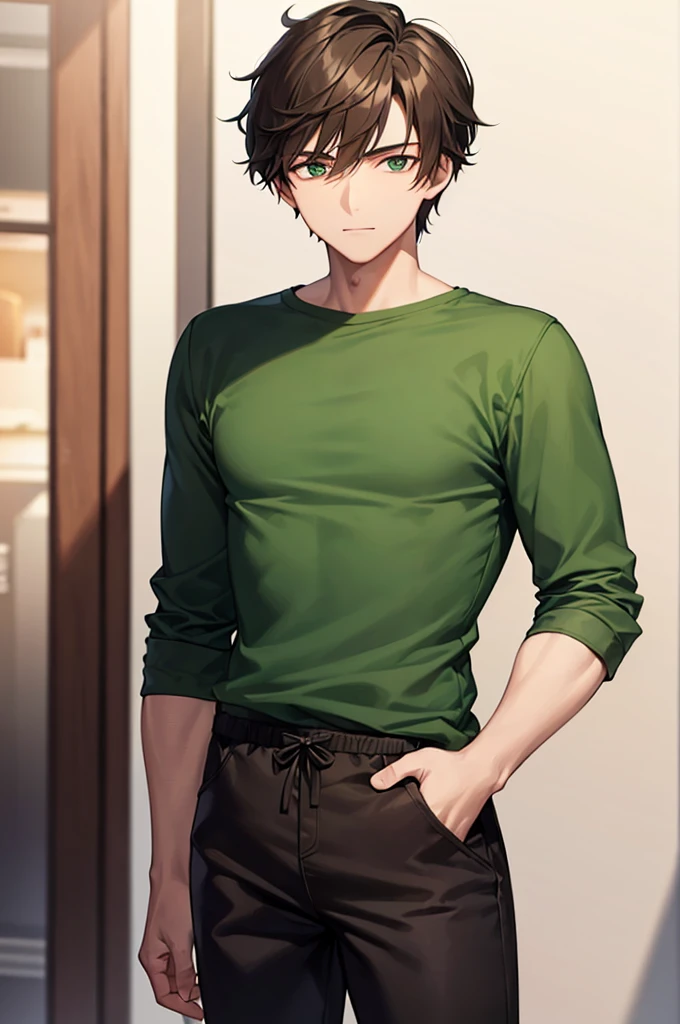 a 20 year old boy wearing an green top and black trousers and has long brown hair he is outside