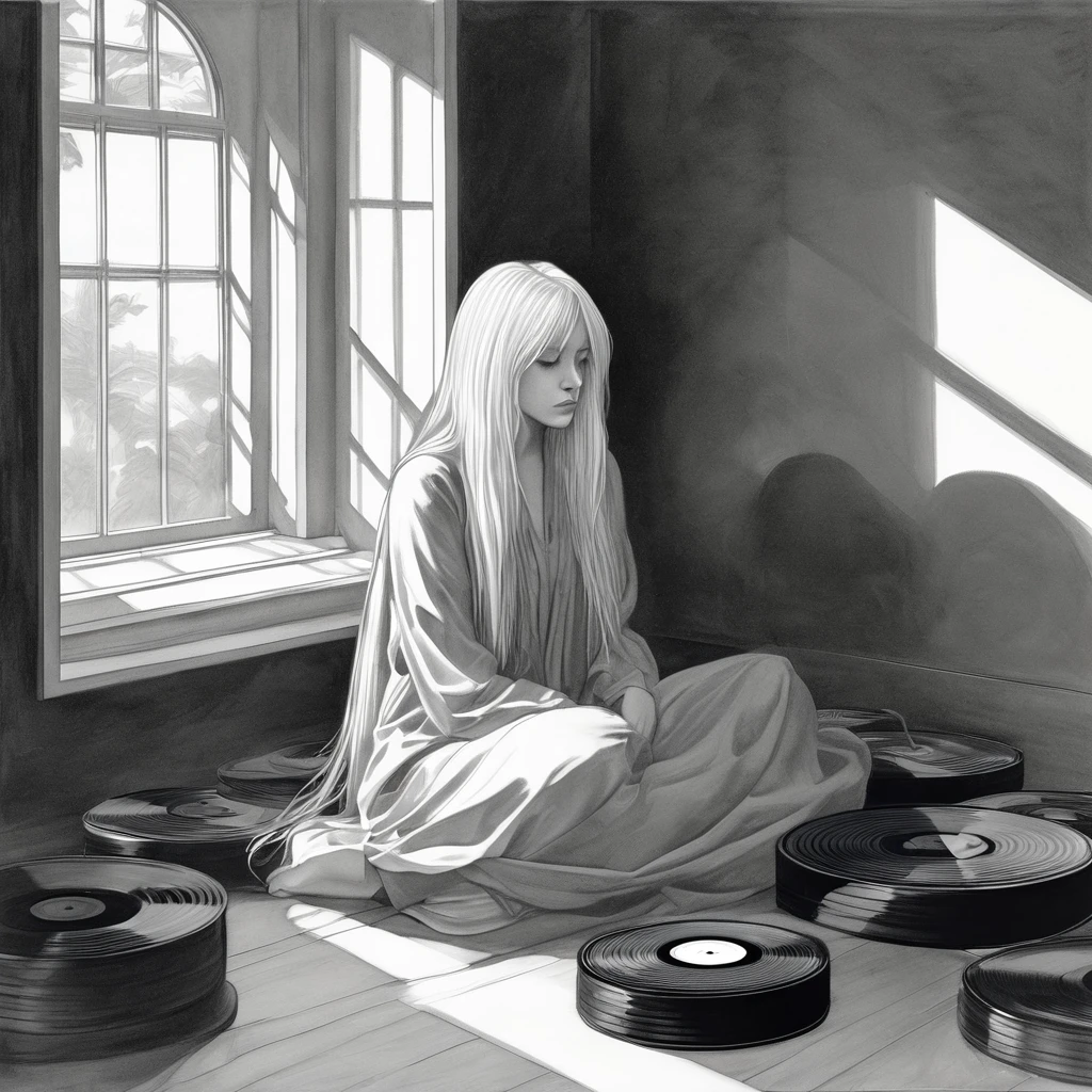 A detailed pencil and charcoal drawing of a melancholic young woman with long hair, white hair, depressed, morning, partially clothed, sitting in a contemplative pose in an interior setting. She is wearing a simple, loose-fitting dress. She is surrounded by a few vinyl records on the floor, next to a large window that casts shadows into the dimly lit room. The artwork features a monochromatic palette with intricate shading and strong contrasts, evoking a sense of introspection and solitude.