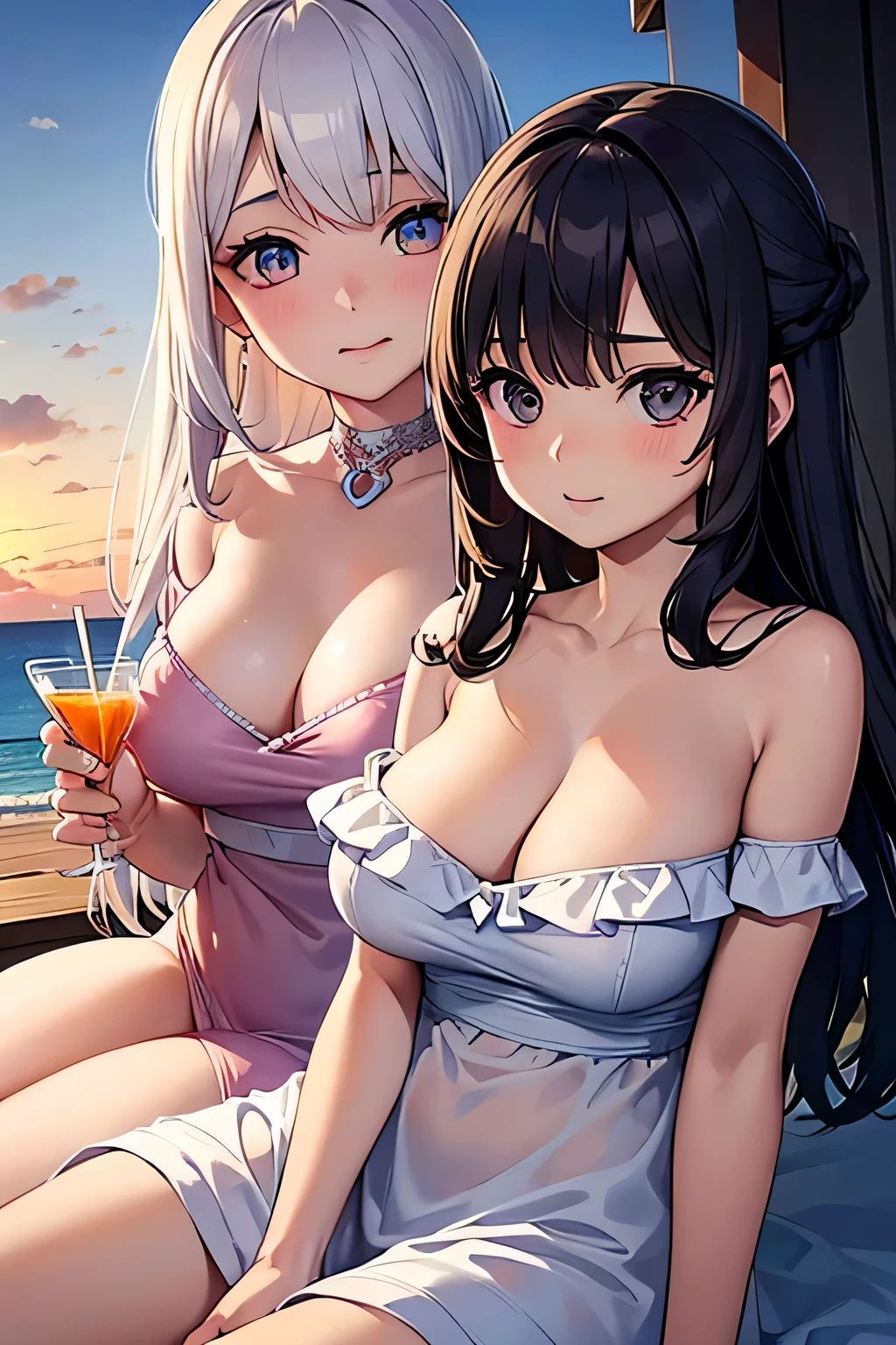 highest quality、High resolution、Detailed Background、(Beautiful face in every detail:1.4)、Anatomically correct、(Hide your fingers:1.3)、(Detailed facial expressions)、(Detailed eyes:1.2)、(Detailed eyes:1.2)、Beautiful women in their 20s、(Highly detailed face:1.4)、Cute hair colour、well-groomed eyebrows、(Huge breasts:1.2)、Bobcut、Long Hair、Hairstyles that add waves and curls、Cute hairstyle、Cute Eye Makeup、Cute Lip Makeup、Perfect body line、
(Two beautiful women spending time in an elegant and extraordinary space:1.5)、
Wide々Sitting on the private terrace of the villa、Spend some time relaxing、With a cool drink in hand、The way she relaxes elegantly is wonderful.、While looking at the beautiful scenery、Enjoy a conversation with your partner、
Walking along the private beach、Enjoy the view illuminated by the setting sun、Walking along the beach, holding hands、Spend time alone with your partner、Enjoy a cocktail at the beachside bar、watch the sunset、
Overlooking the blue ocean of Miyako、Resort with private beach、The rooms have wide ocean views.々Villa type、Spa and Fitness、Fully equipped with various water activities、High-class service and delicious food are a big hit、
A summer dress with an off-the-shoulder design gives a cool feeling、
Elegant materials such as silk and chiffon create a luxurious feel.、
The medium length and A-line silhouette are cute and mature.