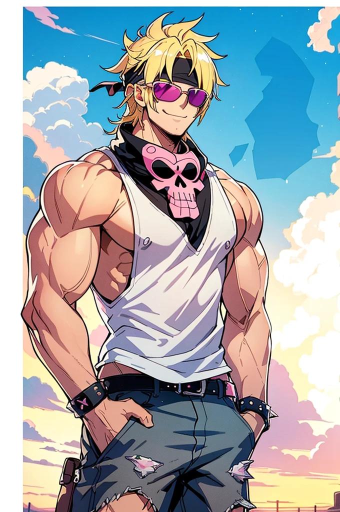 (wanostyle), ((Masterpiece, best quality, perfect lighting, amazing shading)), perfect anatomy, field of depth, man, detailed face, spiky blond hair, pink sunglasses, white tanktop, skull bandana, pink gym shorts, muscles, smile, beautiful sky sunset, detailed background