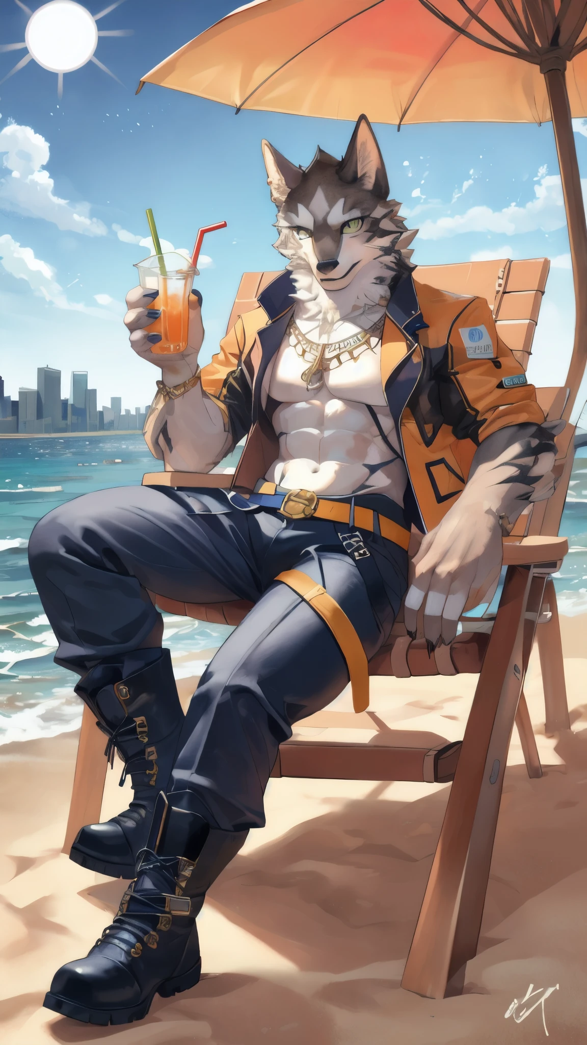 set (tas), muscular, thin, green eyes, dark blue wide pants, dark blue lace-up boots, orange unbuttoned jacket, naked torso, orange belt on trousers, piercing in the right ear, five fingers, claws, navel, glass juice with a straw in hand (in the background there is a city with glass skyscrapers, a beach with the sea, colorful umbrellas, white sun loungers),