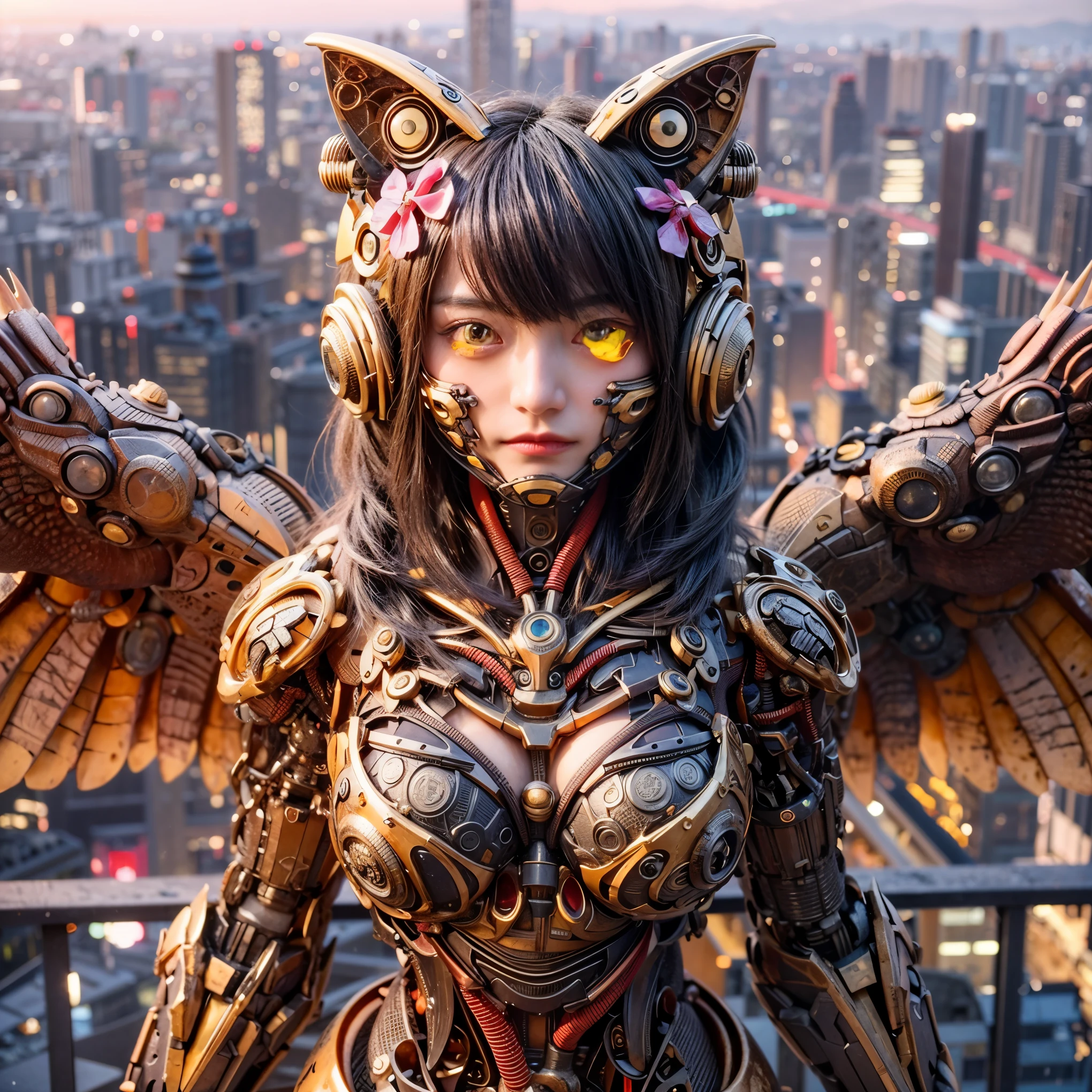 Masterpiece, (best quality:1.2), 8k, Japanese woman in amphibian-type bio suit, biological base with bronze and gold accent, (extremely cute face), (mechanical bat wings), hydraulic cylinder, power pipe, muscle fiber, ultimately intricate all details, full body shot, (ultimately photo Realistic:1.37), dystopia with a beautiful view at night, (bioroid:1.2), (biopunk:1.3), Full body photo, Wide-angle, Please generate at least 4 photos.