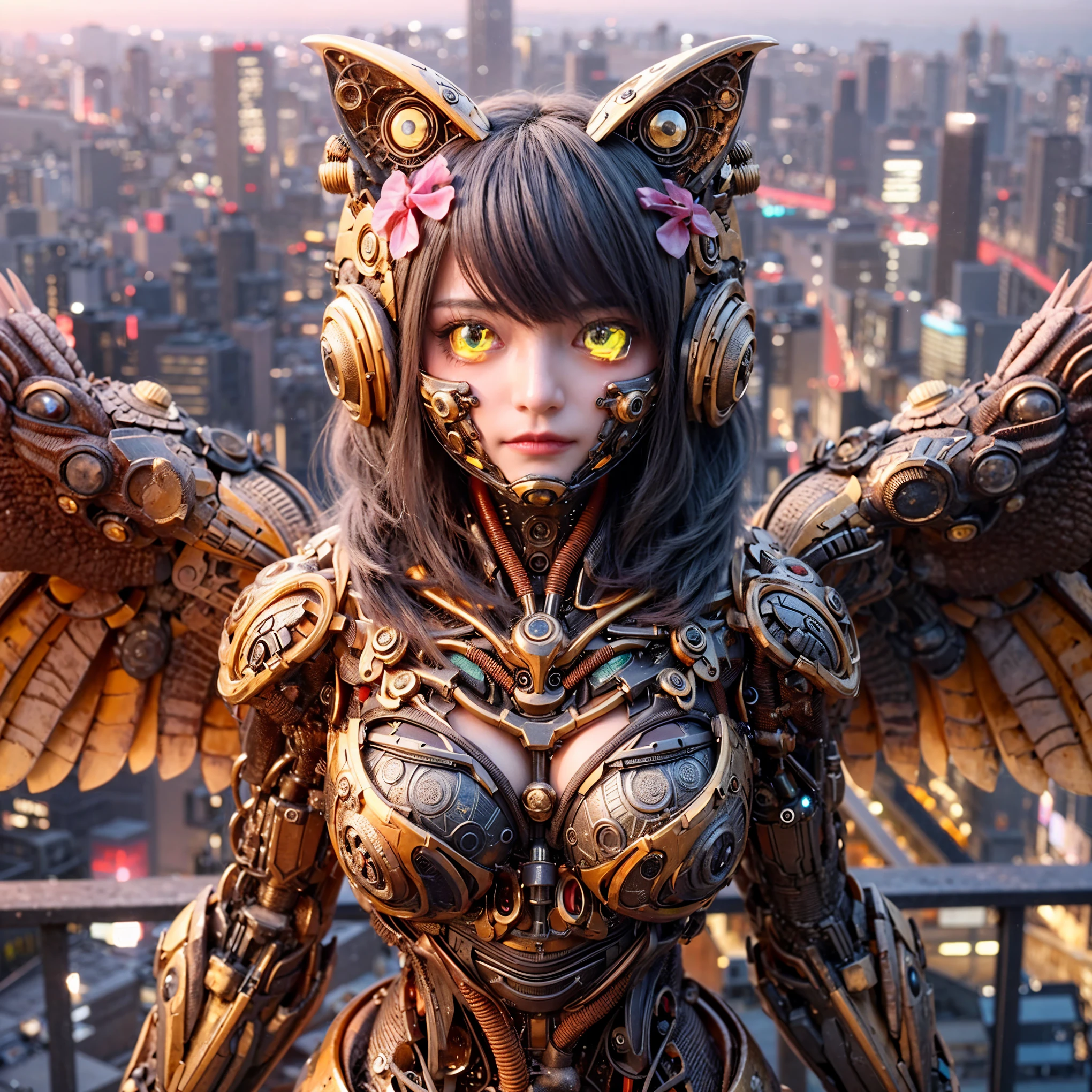 Masterpiece, (best quality:1.2), 8k, Japanese woman in amphibian-type bio suit, biological base with bronze and gold accent, (extremely cute face), (mechanical bat wings), hydraulic cylinder, power pipe, muscle fiber, ultimately intricate all details, full body shot, (ultimately photo Realistic:1.37), dystopia with a beautiful view at night, (bioroid:1.2), (biopunk:1.3), Full body photo, Wide-angle, Please generate at least 4 photos.